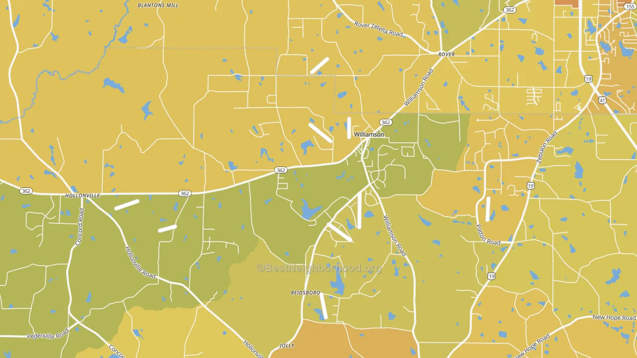 Map of the best neighborhoods in the 30292 area, with better matches in green and worse matches in red