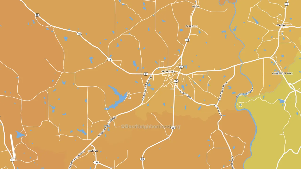 Map of the best neighborhoods in the 30293 area, with better matches in green and worse matches in red