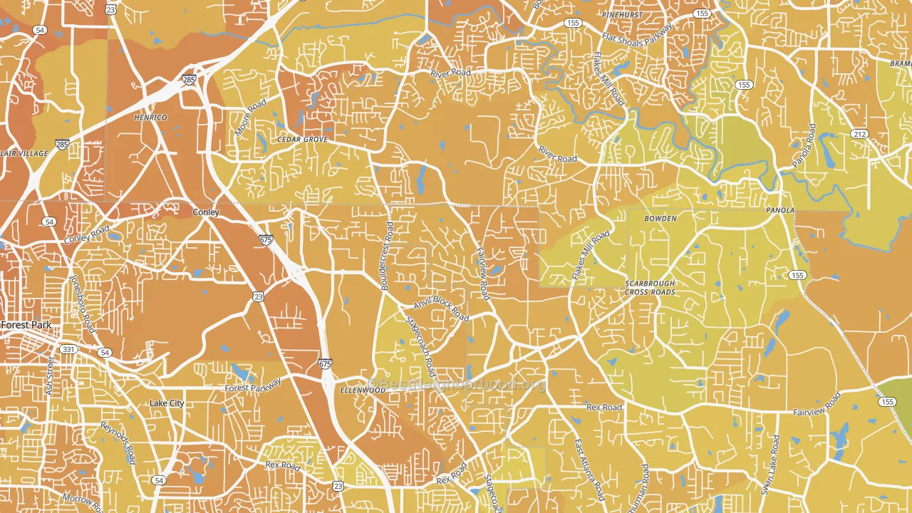 Map of the best neighborhoods in the 30294 area, with better matches in green and worse matches in red