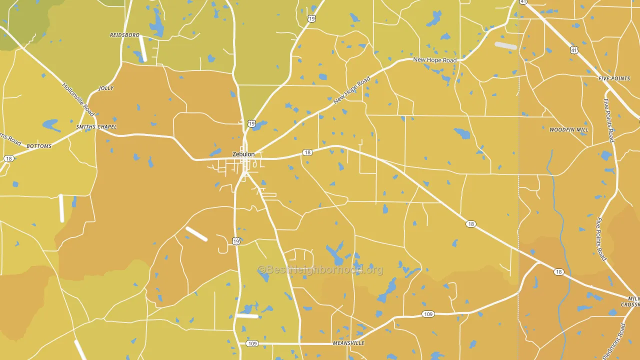 Map of the best neighborhoods in the 30295 area, with better matches in green and worse matches in red