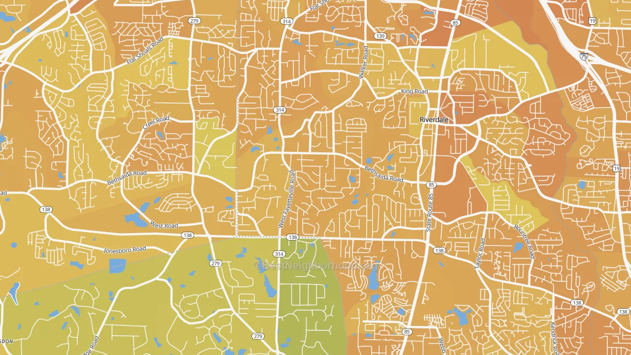 Map of the best neighborhoods in the 30296 area, with better matches in green and worse matches in red