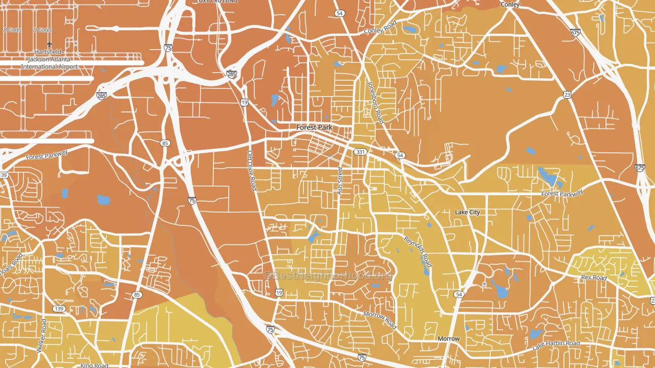 Map of the best neighborhoods in the 30297 area, with better matches in green and worse matches in red
