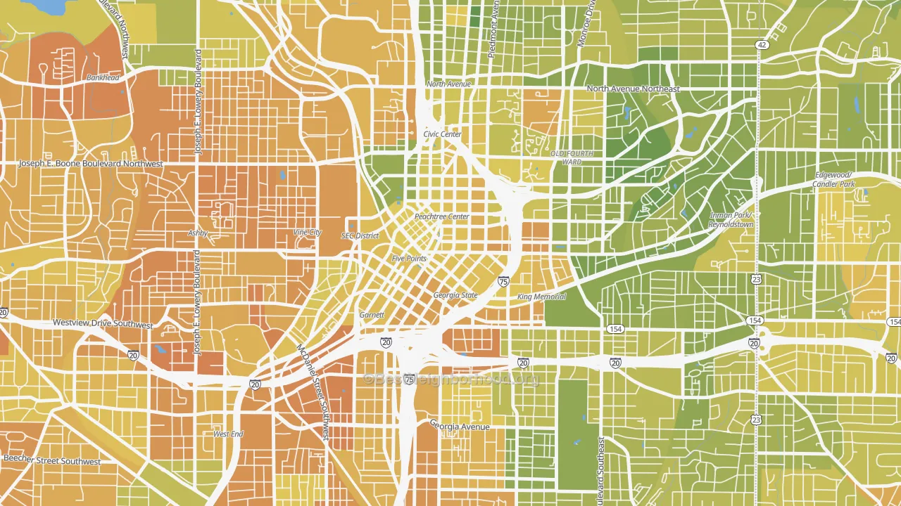 Map of the best neighborhoods in the 30303 area, with better matches in green and worse matches in red
