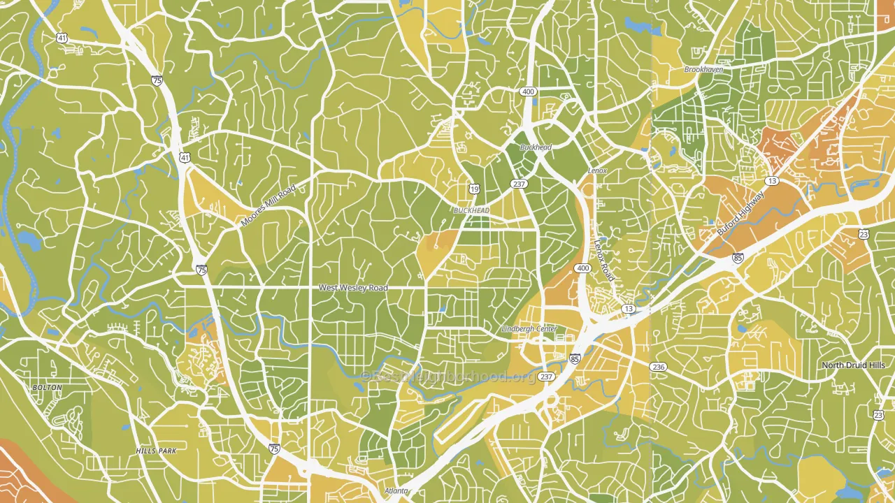 Map of the best neighborhoods in the 30305 area, with better matches in green and worse matches in red