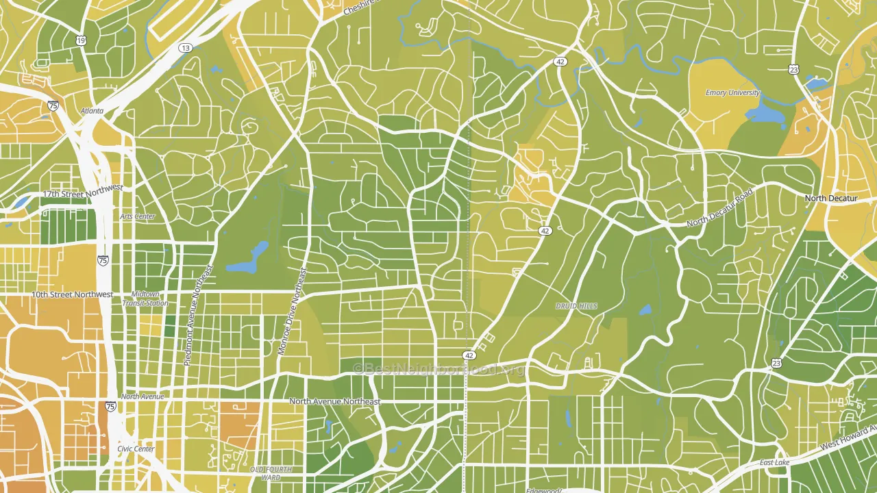 Map of the best neighborhoods in the 30306 area, with better matches in green and worse matches in red