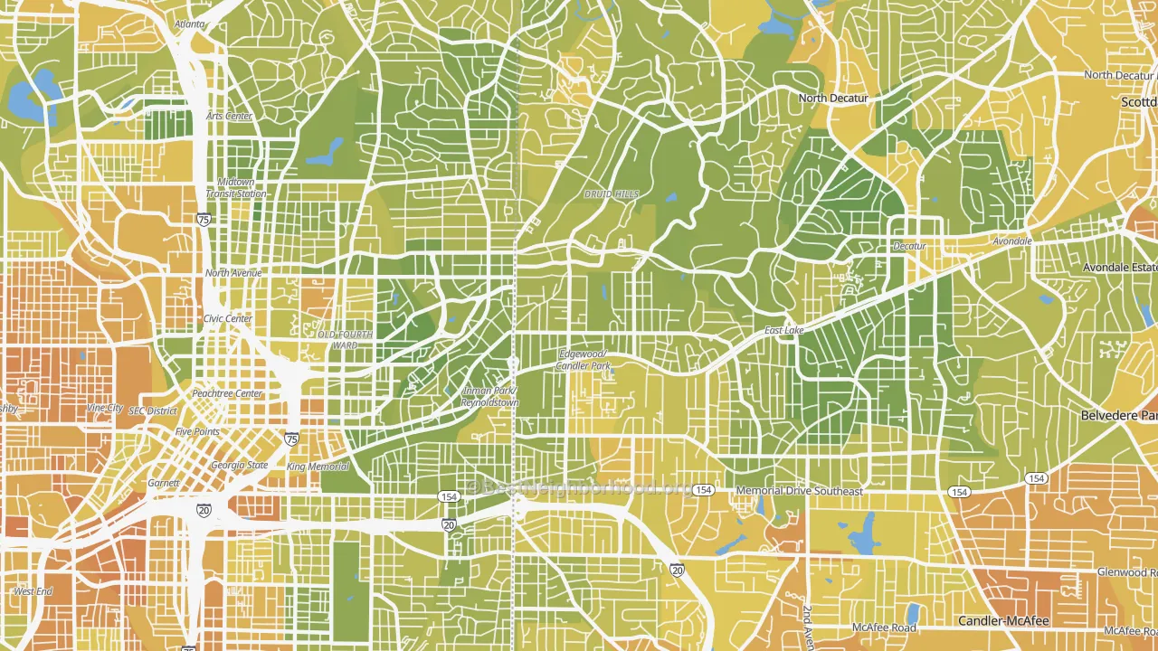 Map of the best neighborhoods in the 30307 area, with better matches in green and worse matches in red