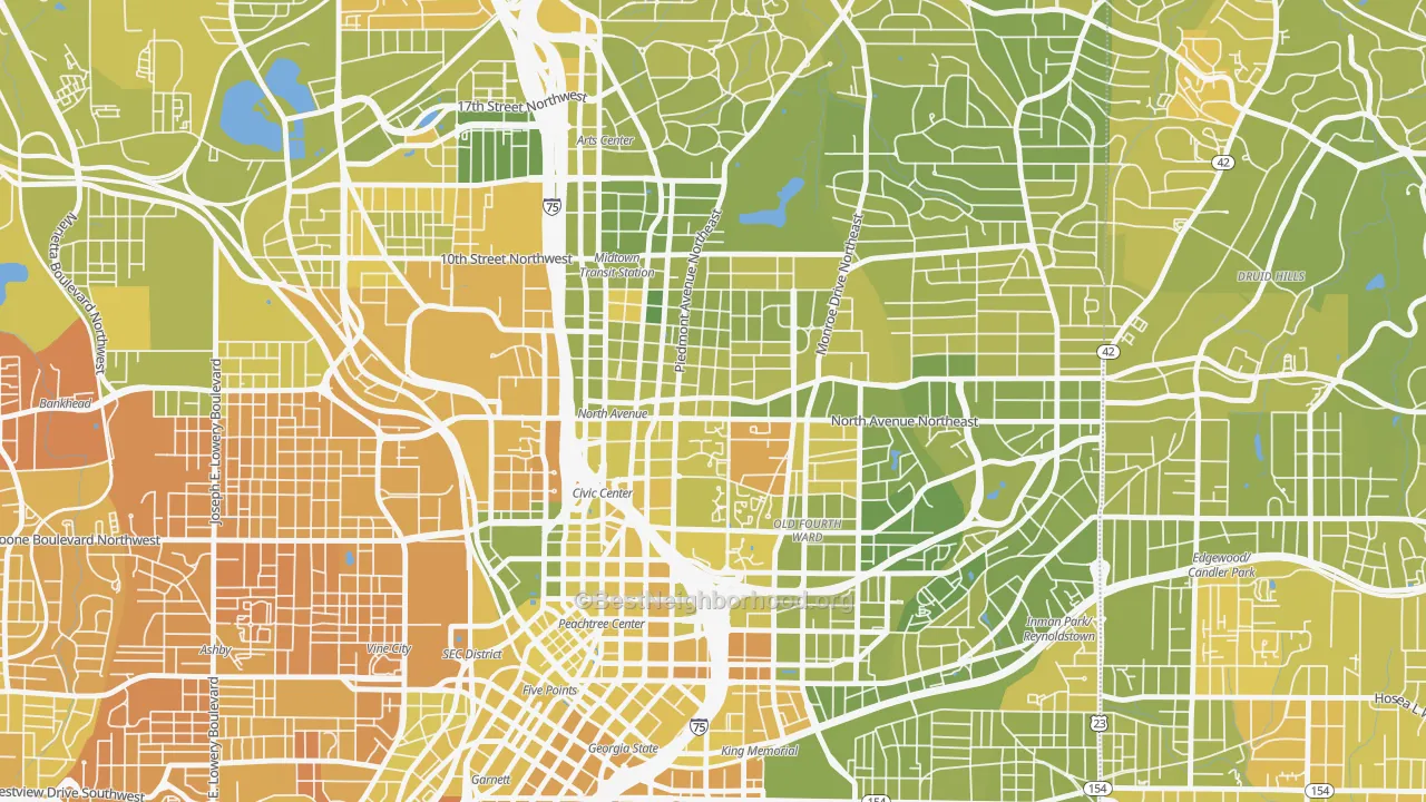 Map of the best neighborhoods in the 30308 area, with better matches in green and worse matches in red