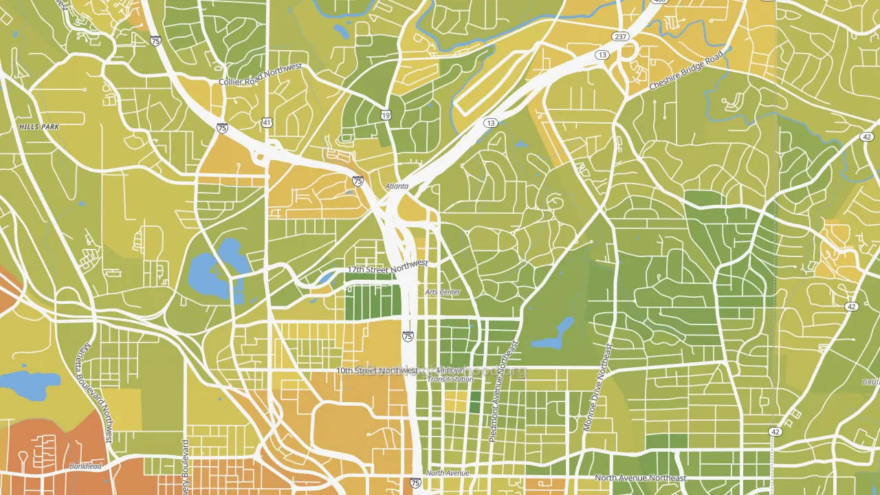 Map of the best neighborhoods in the 30309 area, with better matches in green and worse matches in red