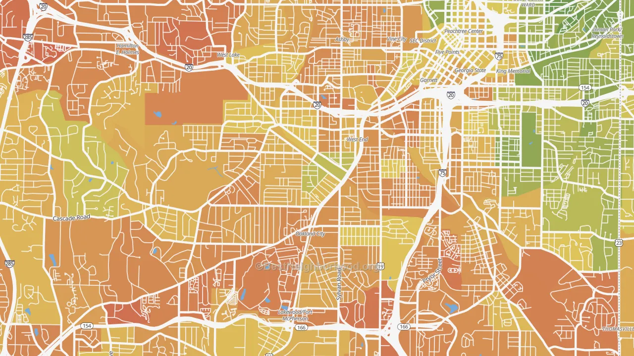 Map of the best neighborhoods in the 30310 area, with better matches in green and worse matches in red