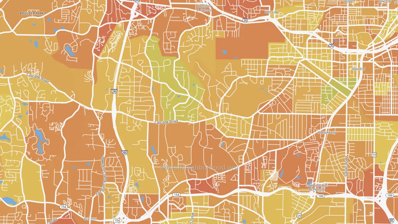 Map of the best neighborhoods in the 30311 area, with better matches in green and worse matches in red