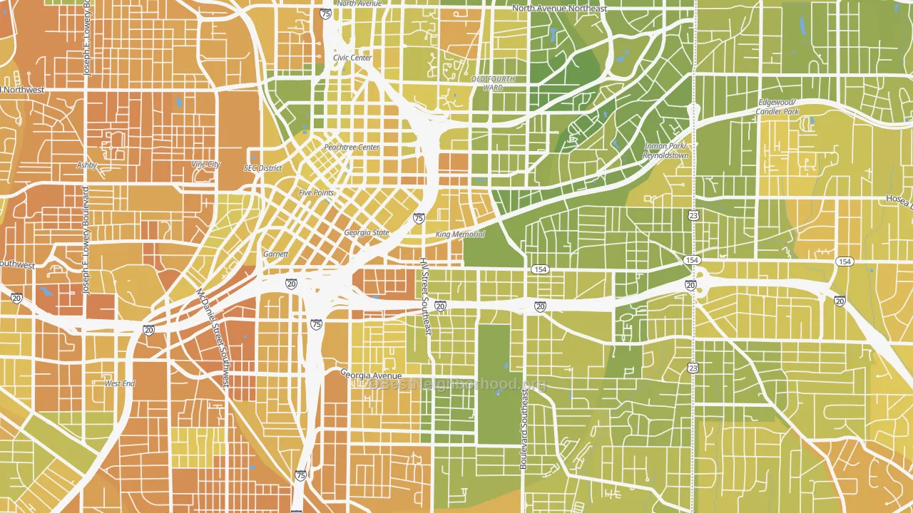 Map of the best neighborhoods in the 30312 area, with better matches in green and worse matches in red