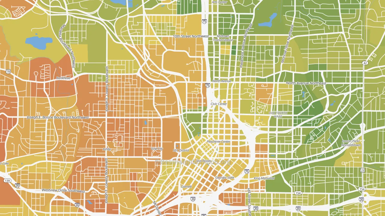 Map of the best neighborhoods in the 30313 area, with better matches in green and worse matches in red