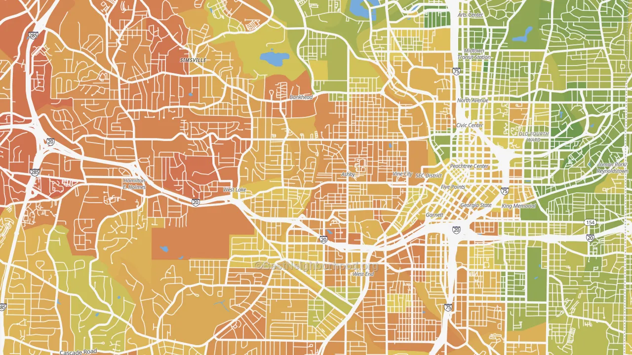 Map of the best neighborhoods in the 30314 area, with better matches in green and worse matches in red