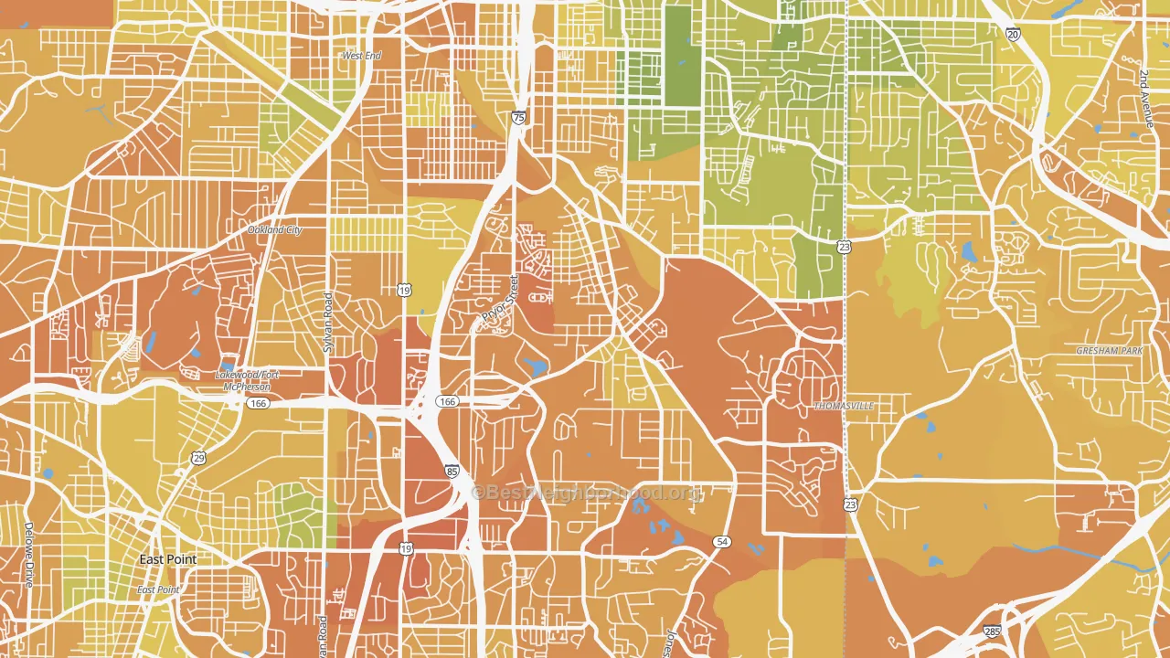 Map of the best neighborhoods in the 30315 area, with better matches in green and worse matches in red