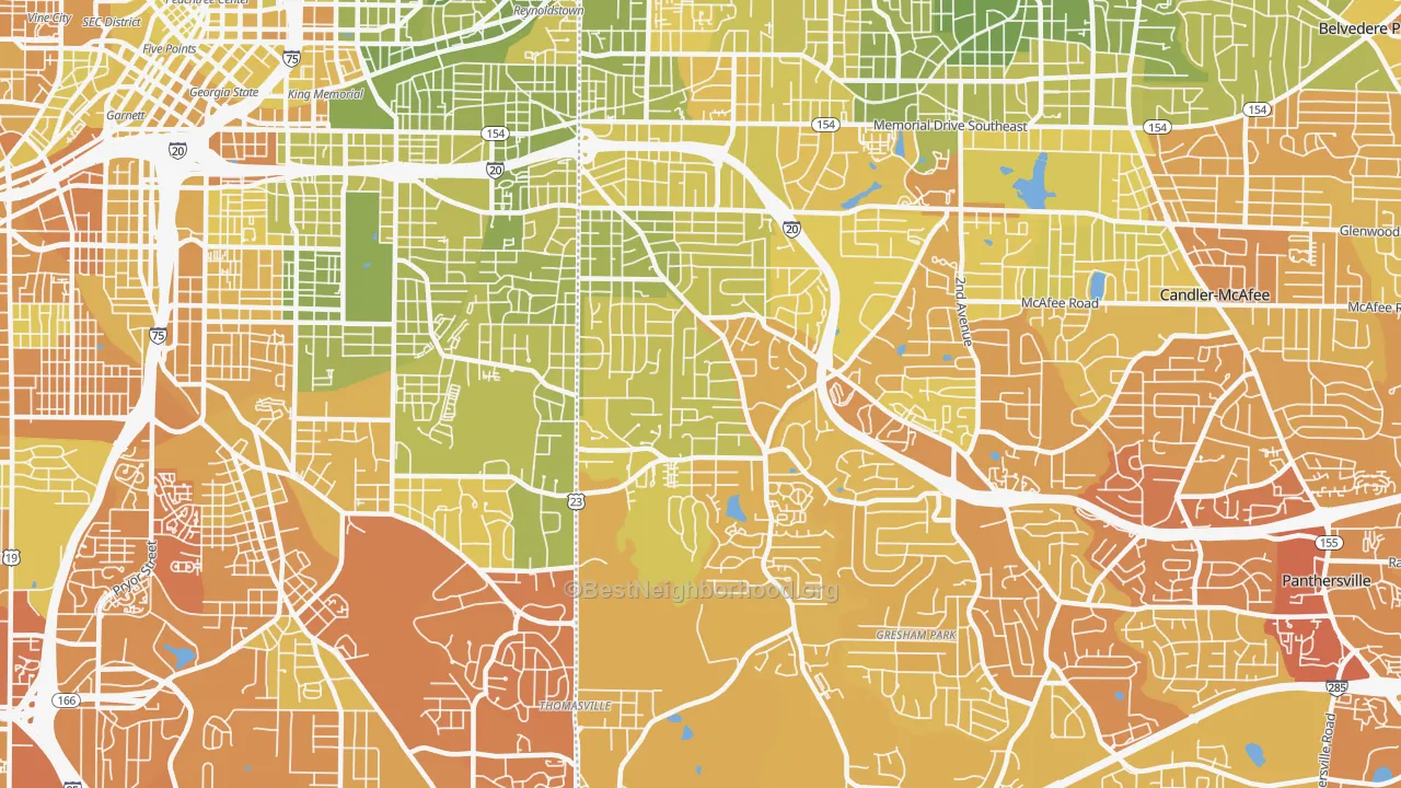 Map of the best neighborhoods in the 30316 area, with better matches in green and worse matches in red