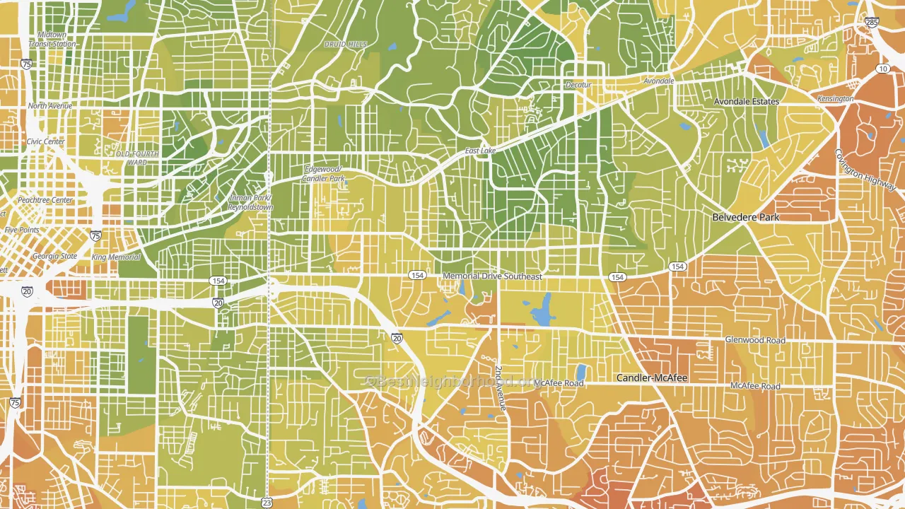 Map of the best neighborhoods in the 30317 area, with better matches in green and worse matches in red