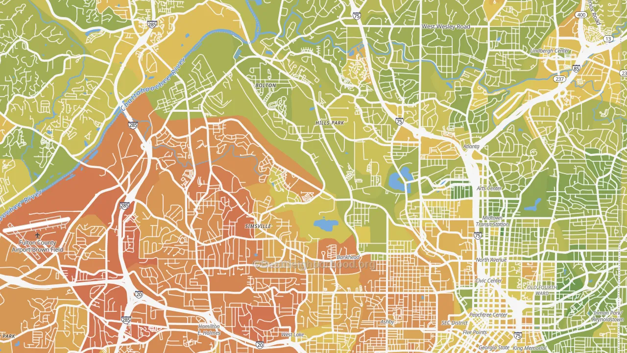 Map of the best neighborhoods in the 30318 area, with better matches in green and worse matches in red