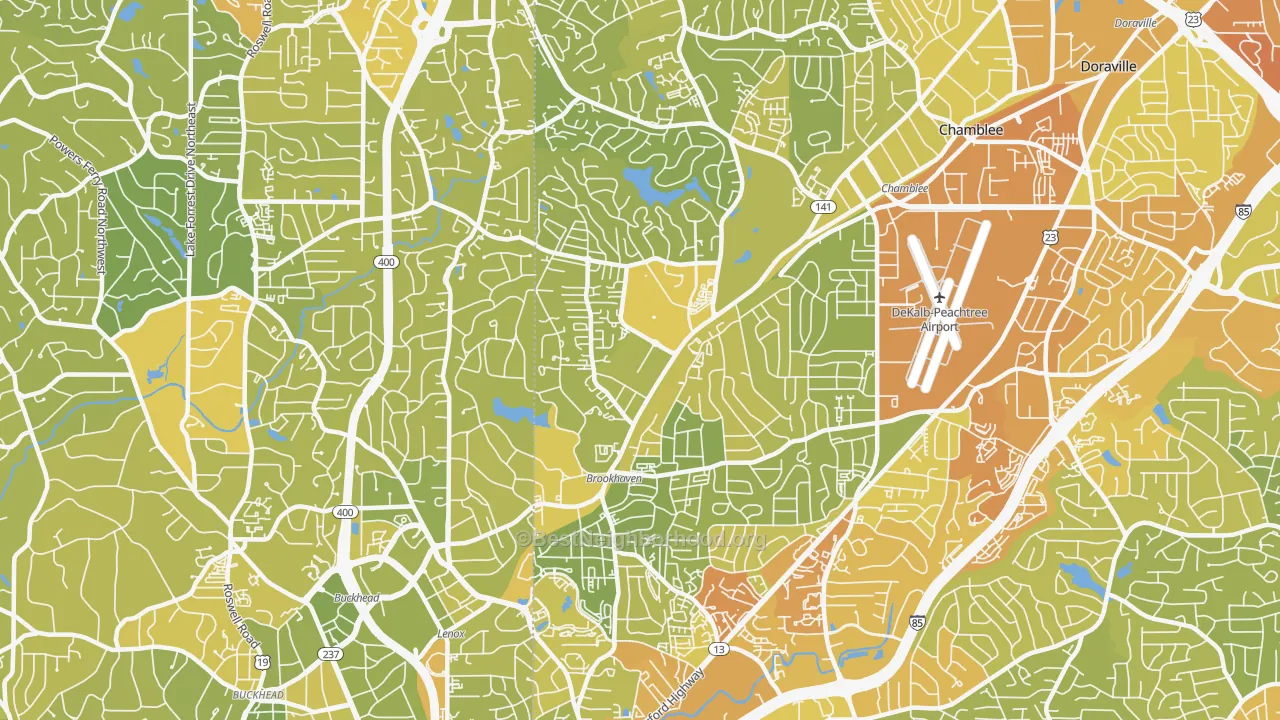 Map of the best neighborhoods in the 30319 area, with better matches in green and worse matches in red