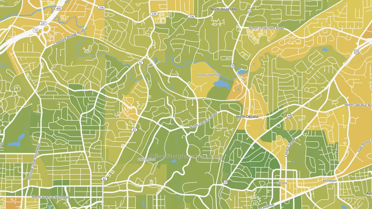 Map of the best neighborhoods in the 30322 area, with better matches in green and worse matches in red