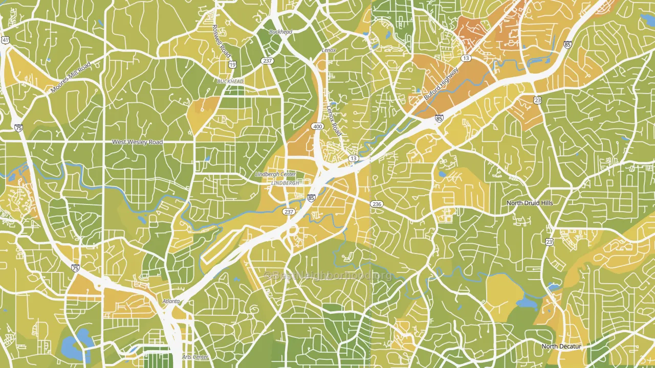 Map of the best neighborhoods in the 30324 area, with better matches in green and worse matches in red