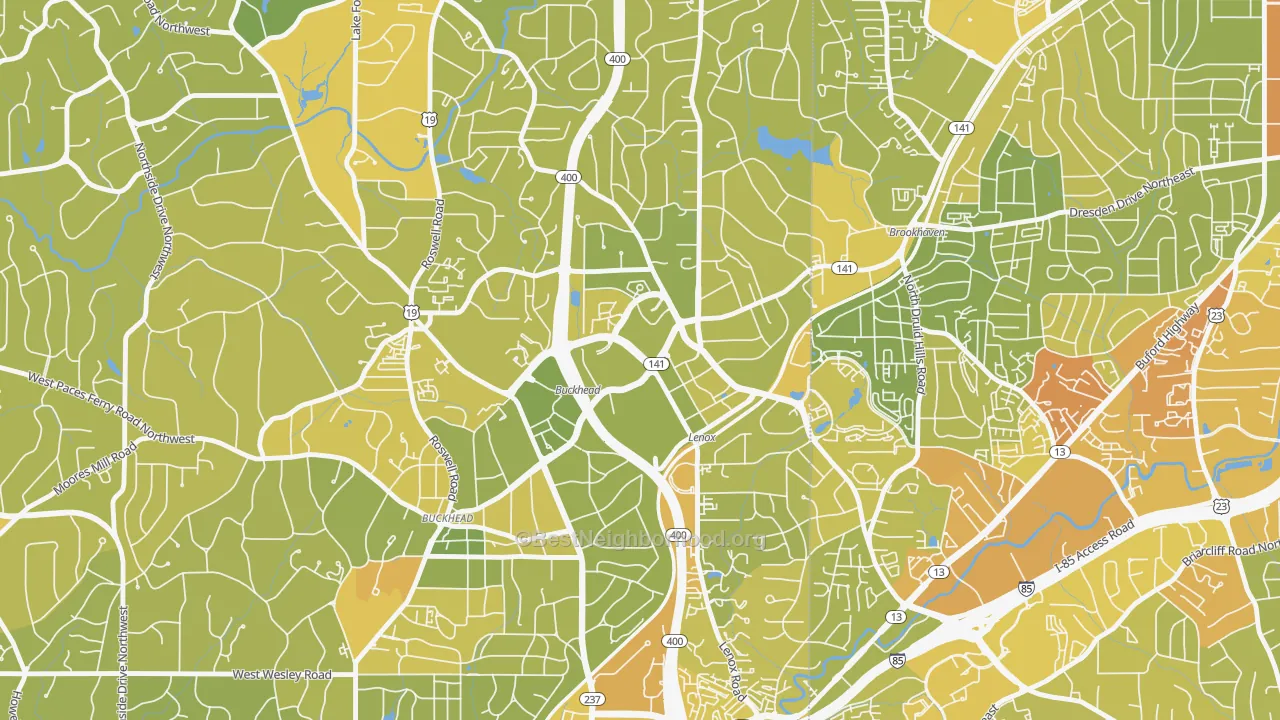 Map of the best neighborhoods in the 30326 area, with better matches in green and worse matches in red