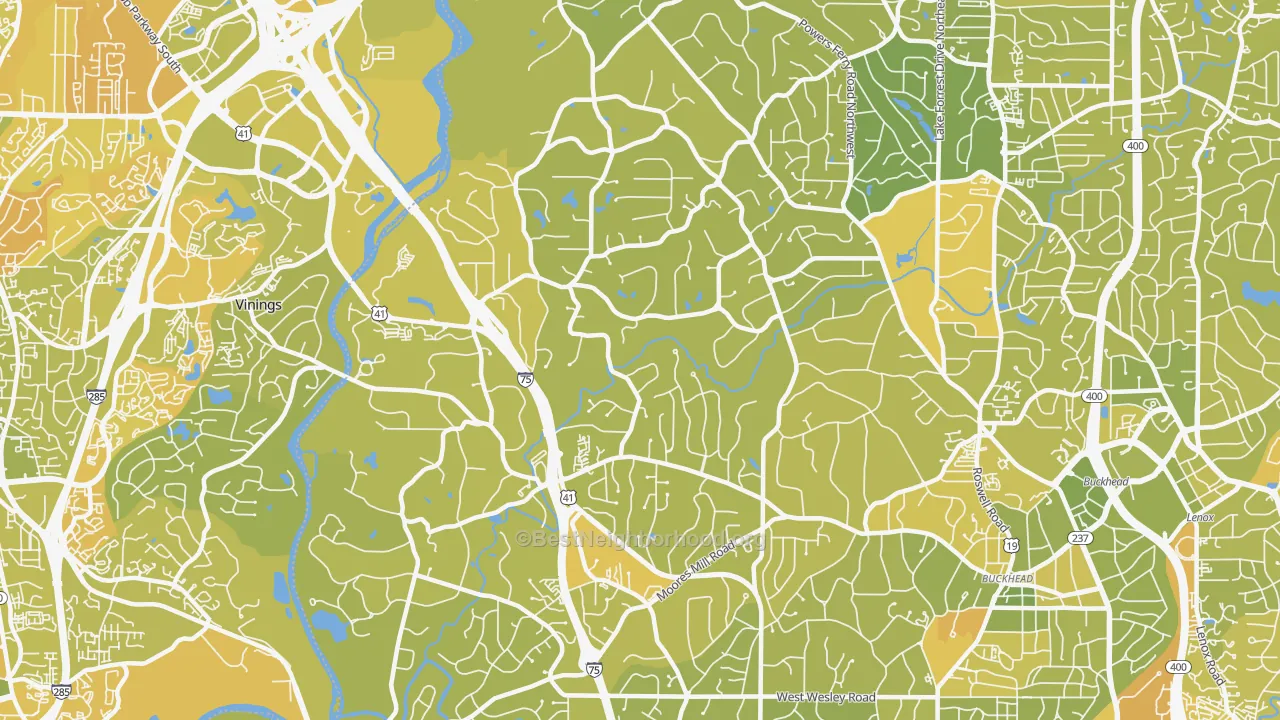 Map of the best neighborhoods in the 30327 area, with better matches in green and worse matches in red