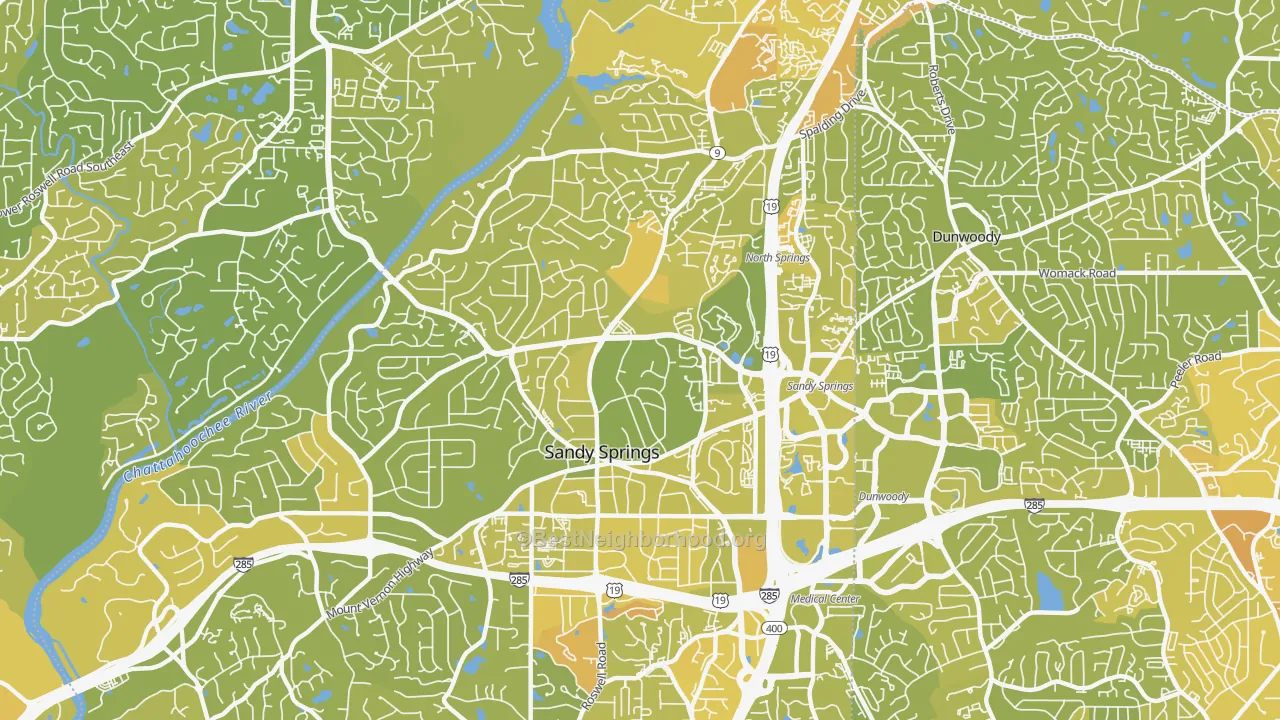 Map of the best neighborhoods in the 30328 area, with better matches in green and worse matches in red