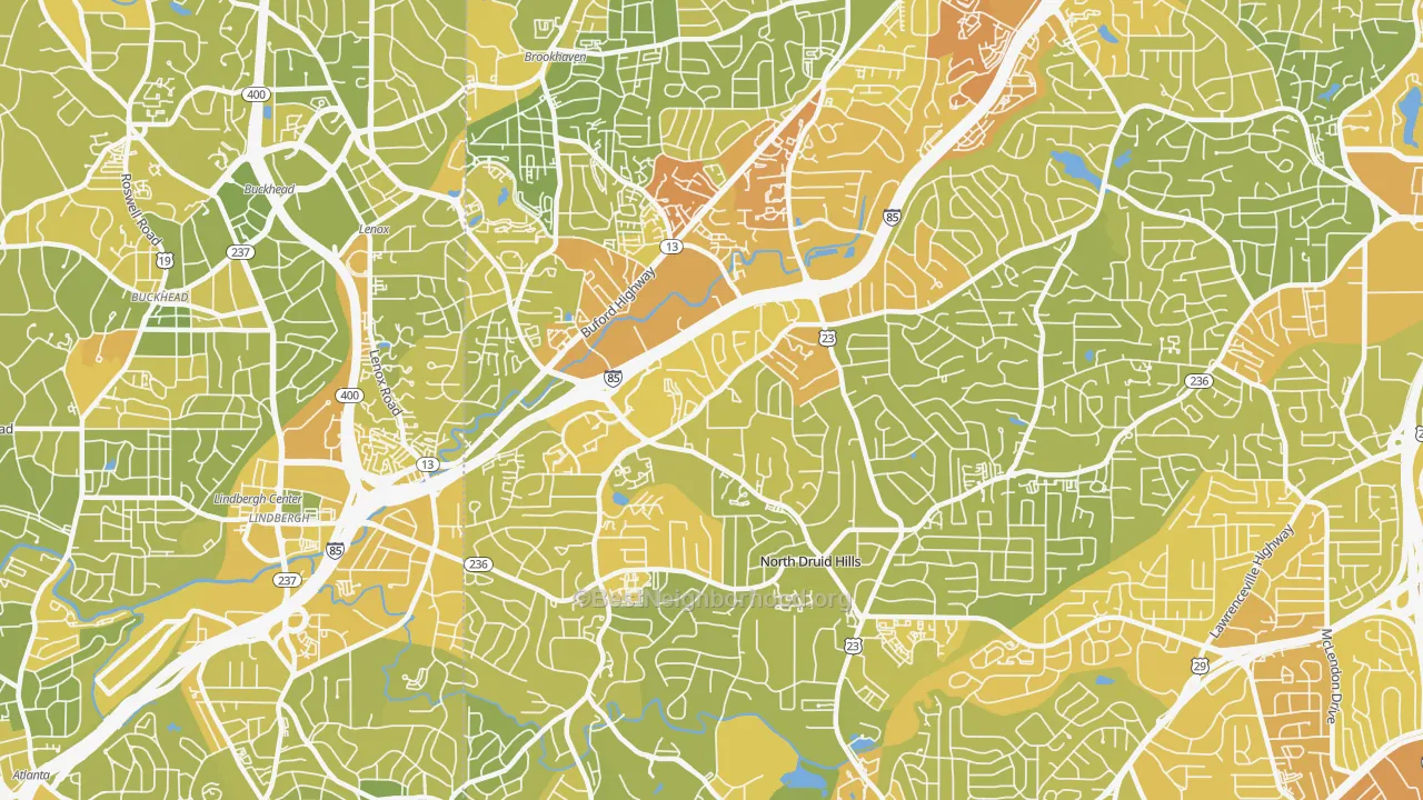 Map of the best neighborhoods in the 30329 area, with better matches in green and worse matches in red