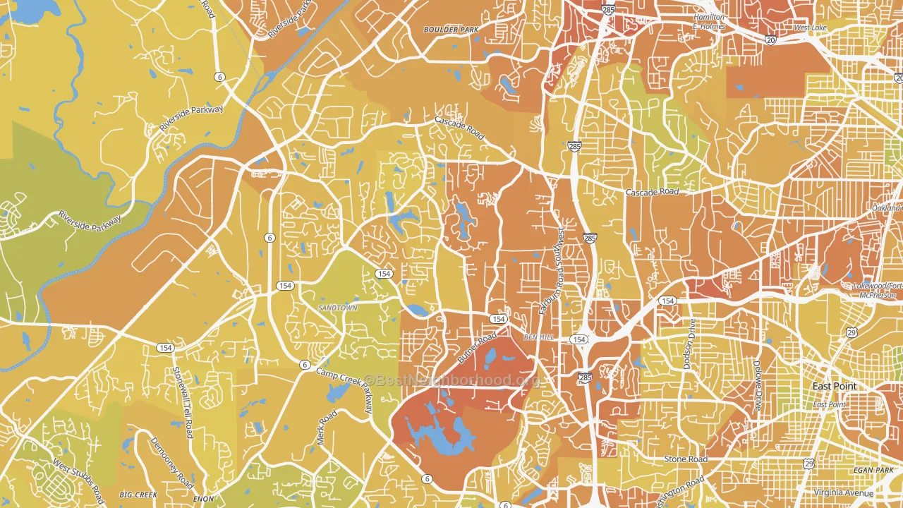 Map of the best neighborhoods in the 30331 area, with better matches in green and worse matches in red
