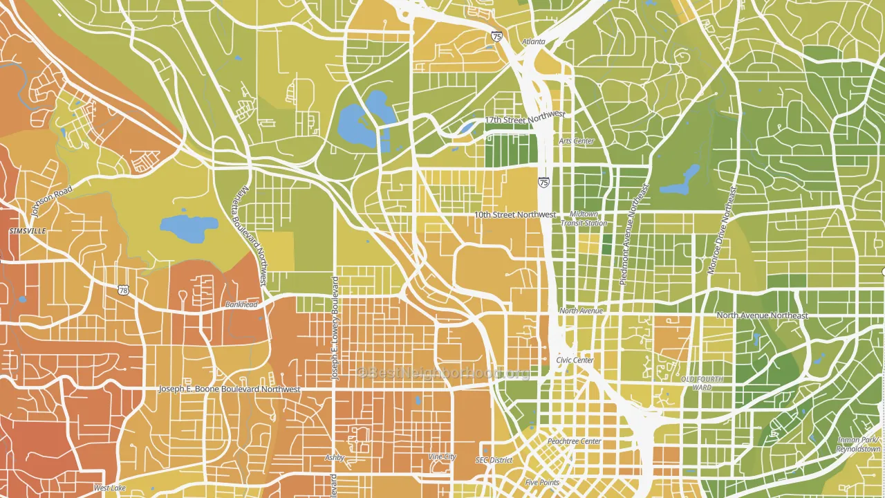 Map of the best neighborhoods in the 30332 area, with better matches in green and worse matches in red