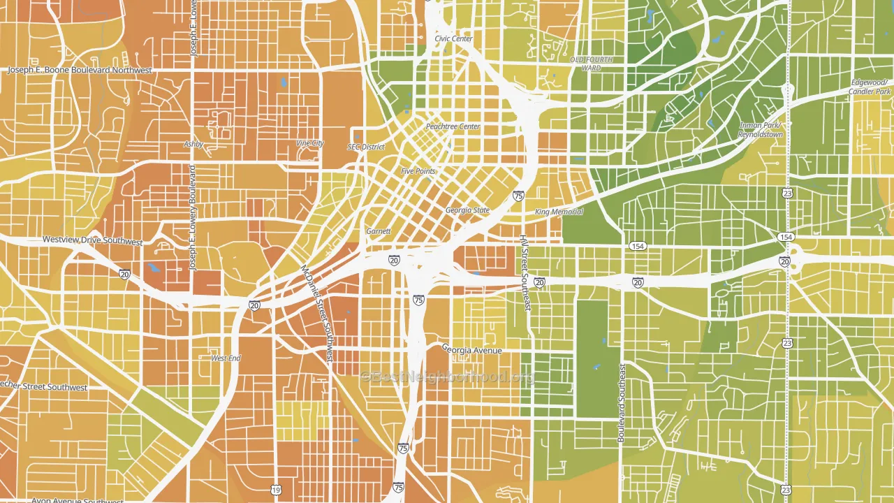 Map of the best neighborhoods in the 30334 area, with better matches in green and worse matches in red