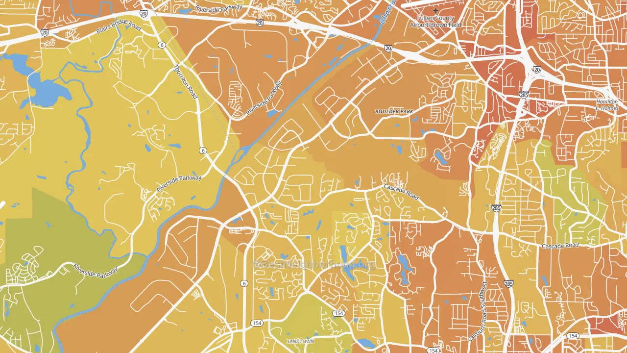 Map of the best neighborhoods in the 30336 area, with better matches in green and worse matches in red