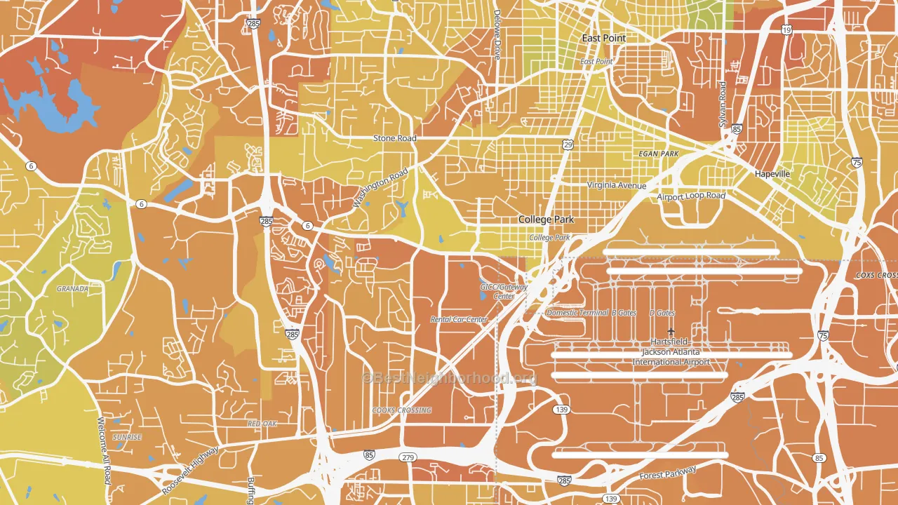 Map of the best neighborhoods in the 30337 area, with better matches in green and worse matches in red