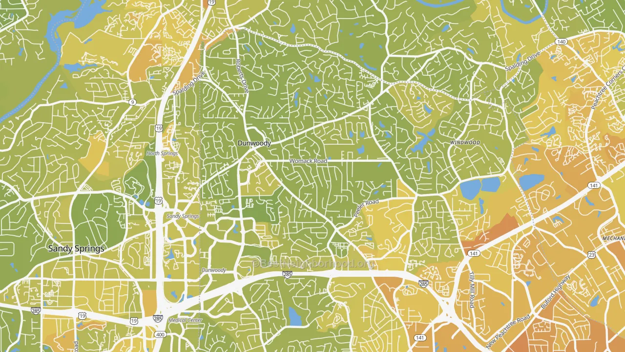 Map of the best neighborhoods in the 30338 area, with better matches in green and worse matches in red