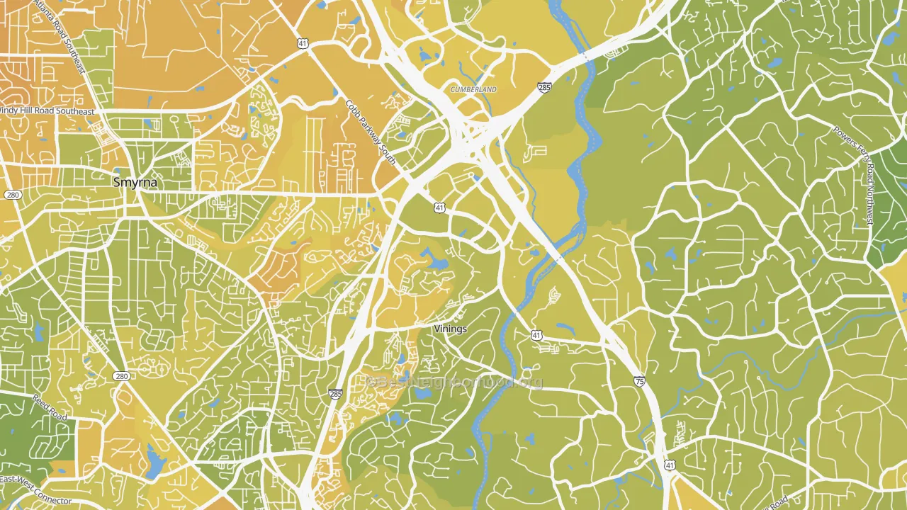 Map of the best neighborhoods in the 30339 area, with better matches in green and worse matches in red
