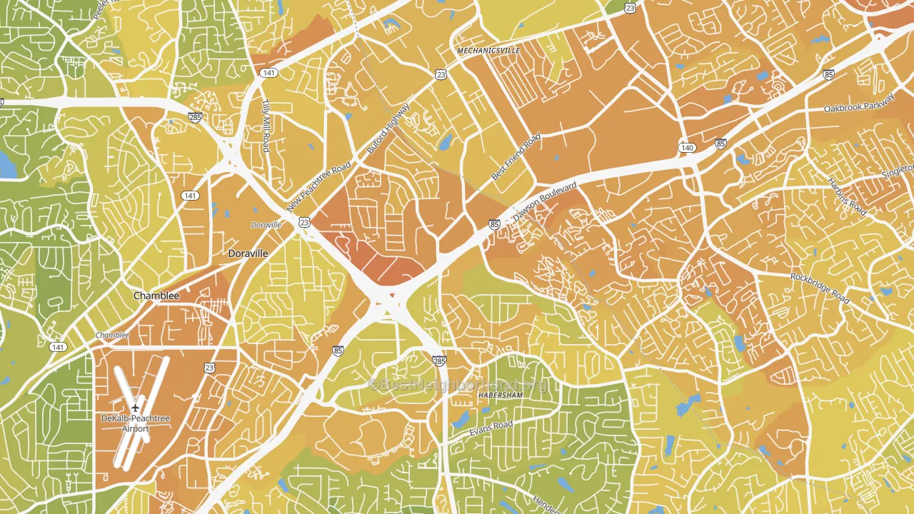 Map of the best neighborhoods in the 30340 area, with better matches in green and worse matches in red