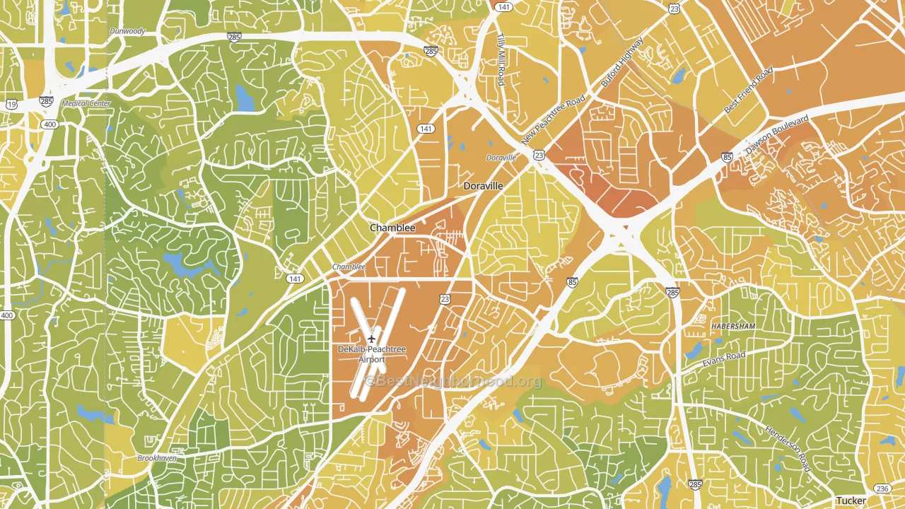 Map of the best neighborhoods in the 30341 area, with better matches in green and worse matches in red