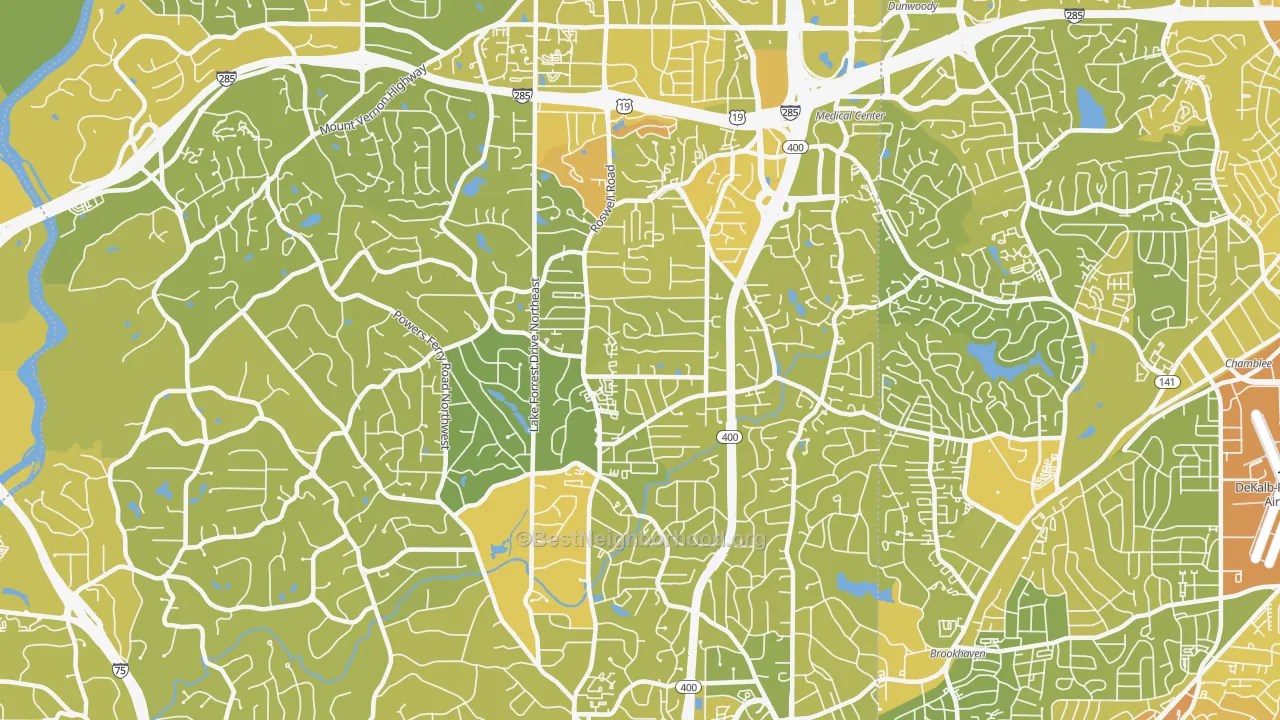 Map of the best neighborhoods in the 30342 area, with better matches in green and worse matches in red
