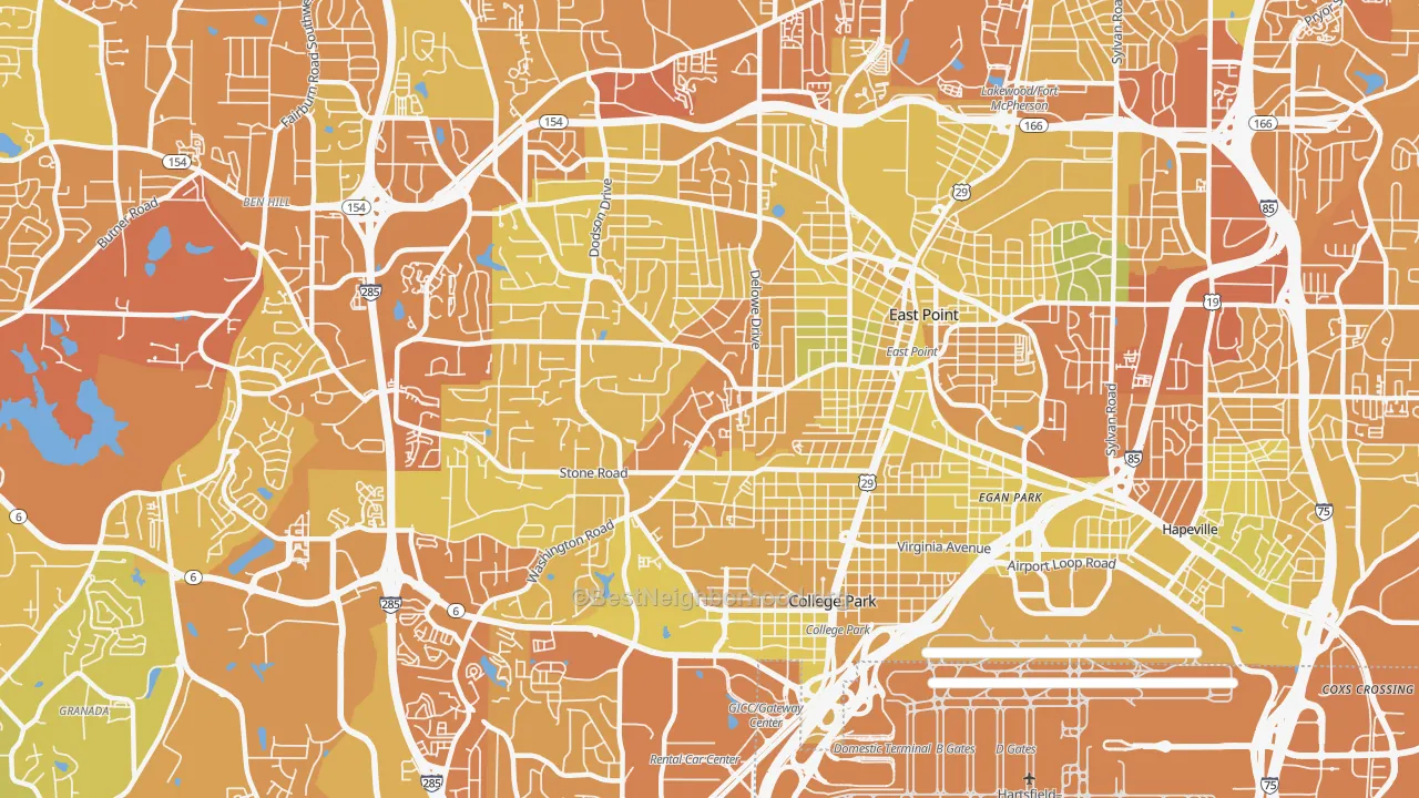 Map of the best neighborhoods in the 30344 area, with better matches in green and worse matches in red