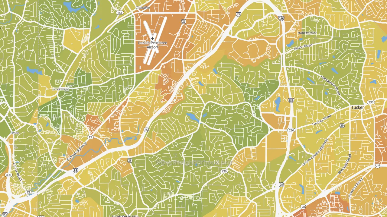 Map of the best neighborhoods in the 30345 area, with better matches in green and worse matches in red