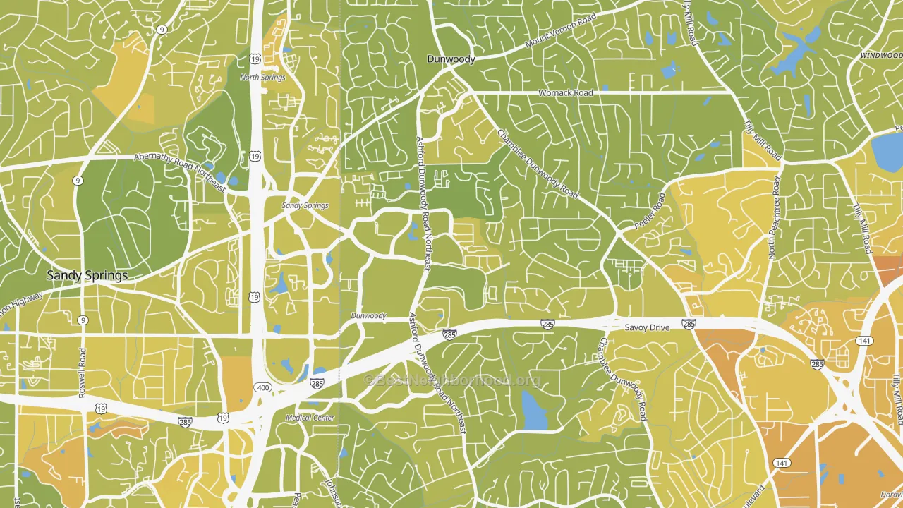 Map of the best neighborhoods in the 30346 area, with better matches in green and worse matches in red