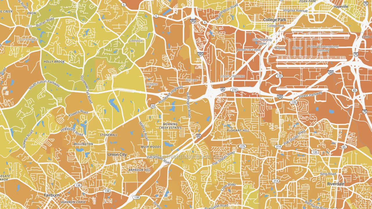 Map of the best neighborhoods in the 30349 area, with better matches in green and worse matches in red
