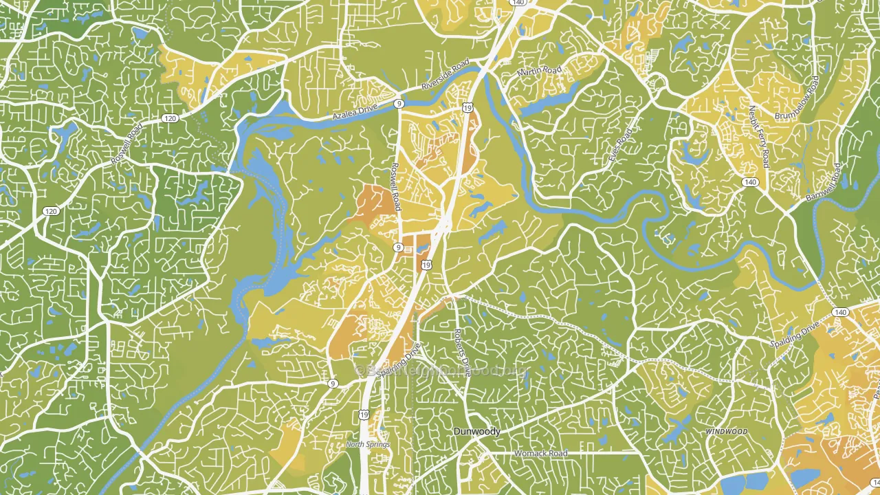Map of the best neighborhoods in the 30350 area, with better matches in green and worse matches in red