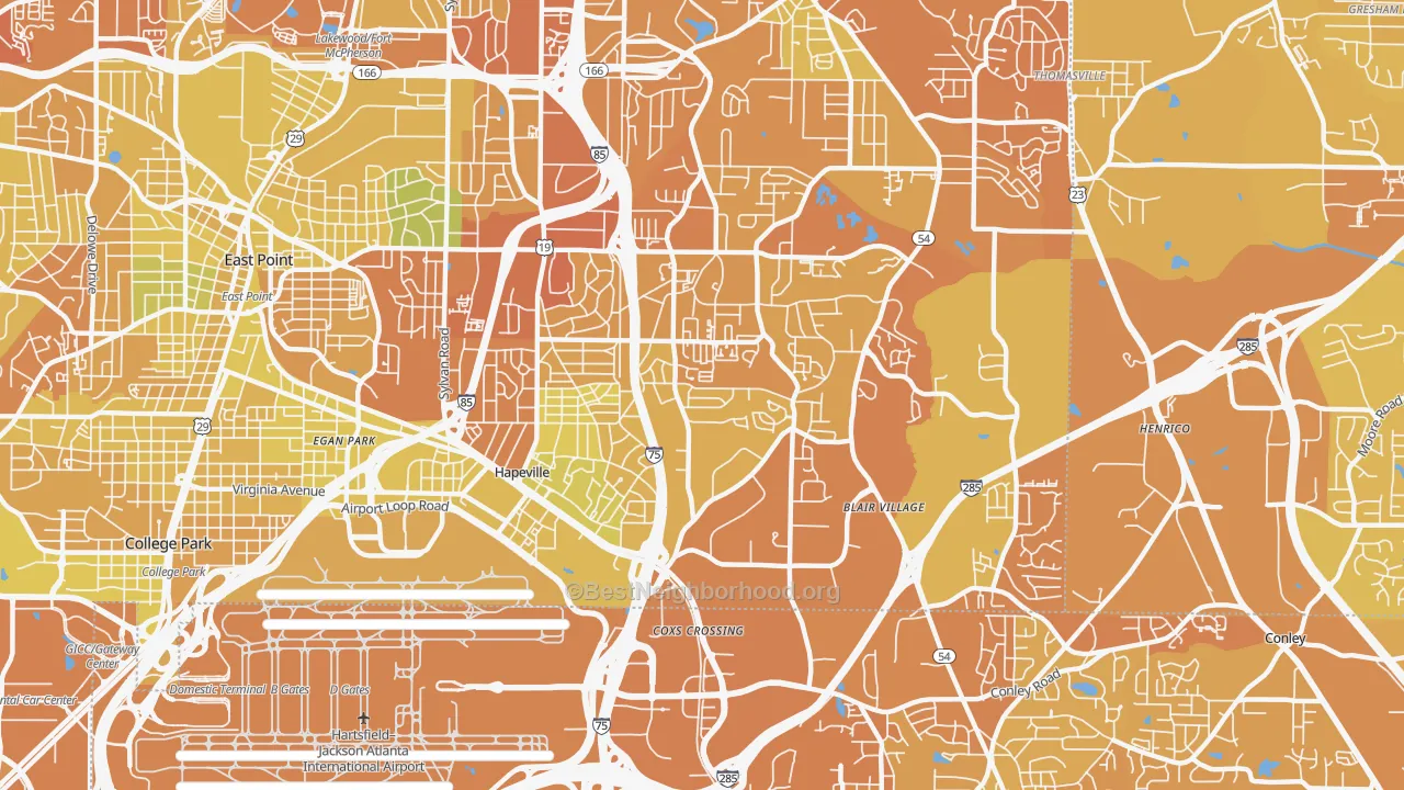 Map of the best neighborhoods in the 30354 area, with better matches in green and worse matches in red
