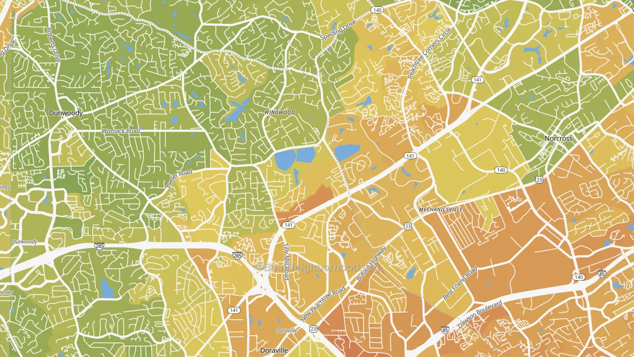 Map of the best neighborhoods in the 30360 area, with better matches in green and worse matches in red