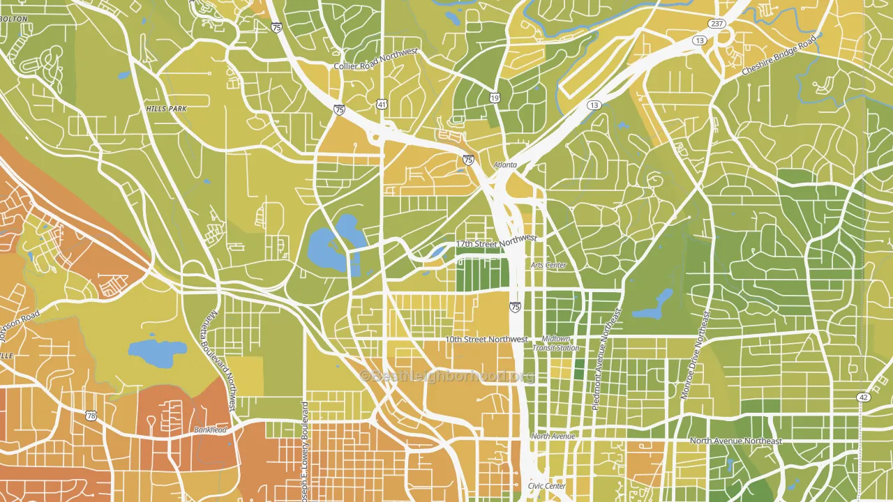 Map of the best neighborhoods in the 30363 area, with better matches in green and worse matches in red