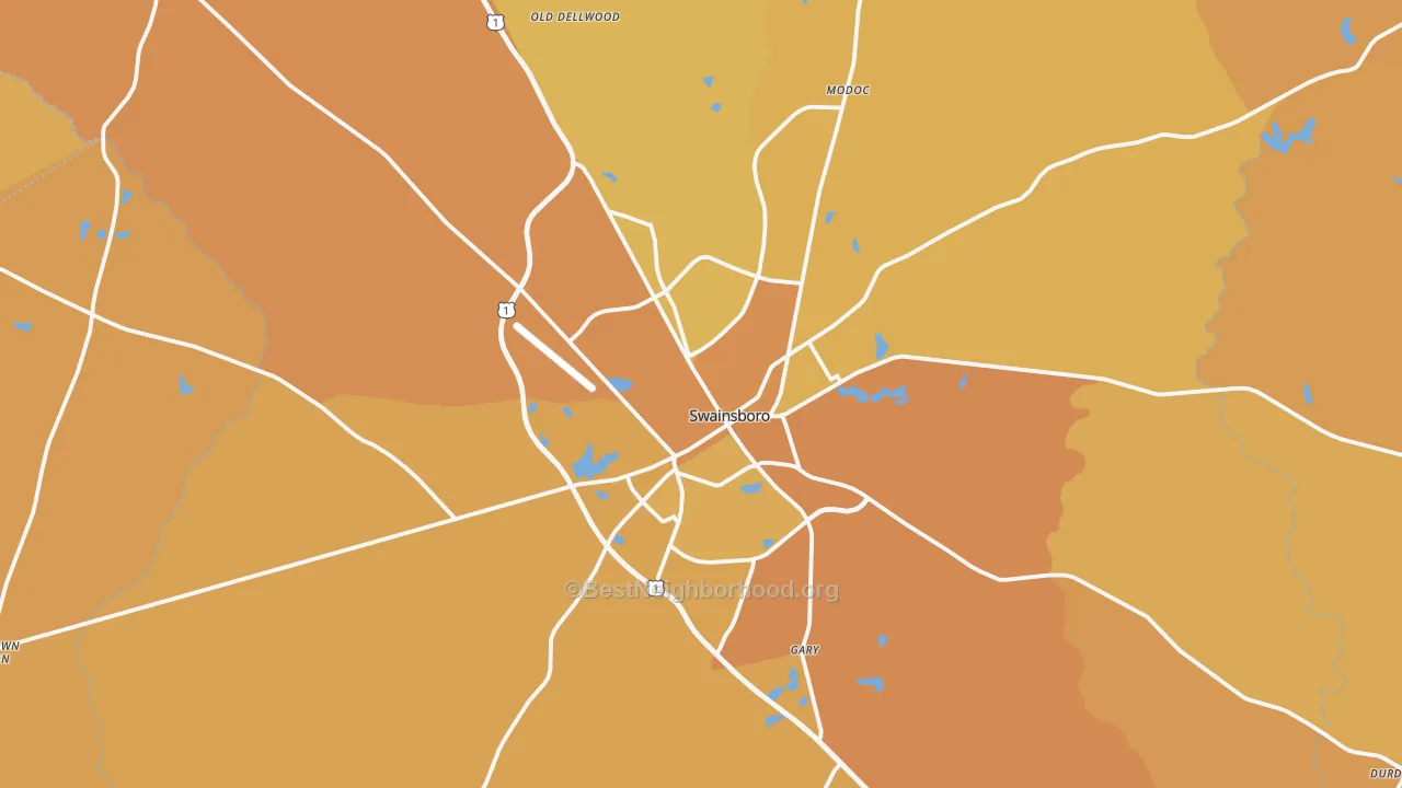 Map of the best neighborhoods in the 30401 area, with better matches in green and worse matches in red