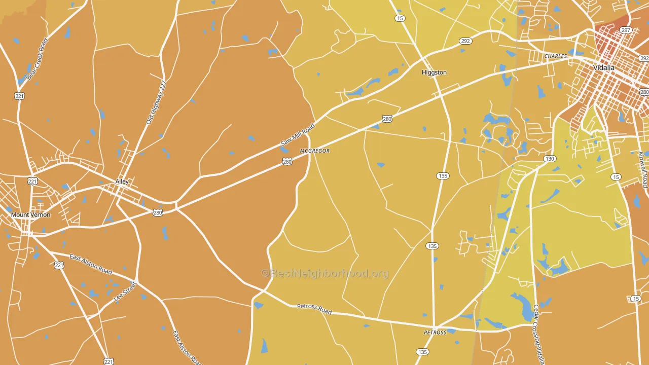 Map of the best neighborhoods in the 30410 area, with better matches in green and worse matches in red