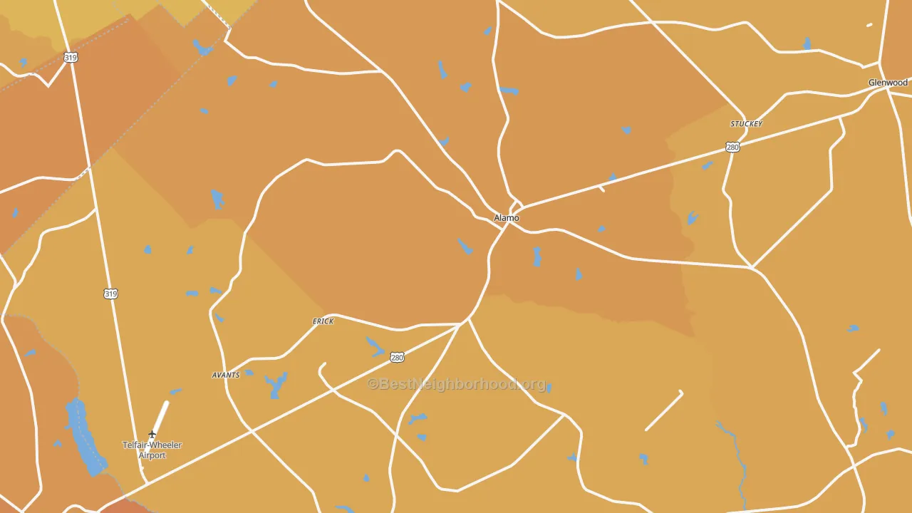 Map of the best neighborhoods in the 30411 area, with better matches in green and worse matches in red