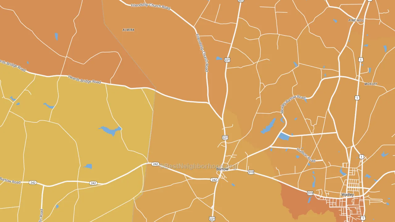 Map of the best neighborhoods in the 30413 area, with better matches in green and worse matches in red
